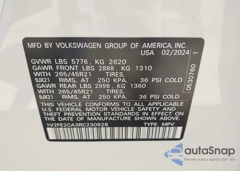 2024 Volkswagen Atlas Cross Sport 2.0T Sel Premium R-Line из США, поврежденный, VIN 1V2FE2CA3RC230928